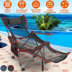Foldable Camping Chair Collapsible Reclining Chair 330LBS Load Heavy Duty Steel Lawn Chair With Reclining Backrest Angle Cup Holder Pillow Side P (Color: Black)