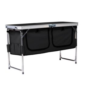 4ft 47cm Wide Black Outdoor Folding Table, Aluminum Alloy Rectangular, Two-fold Tabletop With Black Fabric Cupboard, 3 Height Adjustments. (Color: Black)