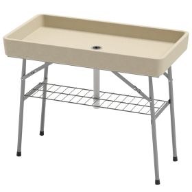 3.4ft Folding Ice Cooler Table With Drain, Fill And Chill Table Outdoor Table Cooler With Storage Shelf, Drink Cooler For Parties Picnic BBQ Camp (Color: Beige)